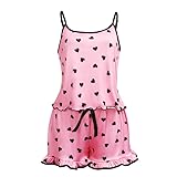 Satohom Damen Satin Schlafanzug Zweiteiliger Kurz Pyjama Set mit Herzdruck Sexy Seide Ärmellos...