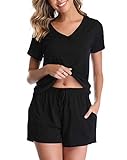 Vlazom Damen Schlafanzug Baumwolle Pyjama Set Weich Sommer Nachtwäsche Kurzarm V Aussschnitt...